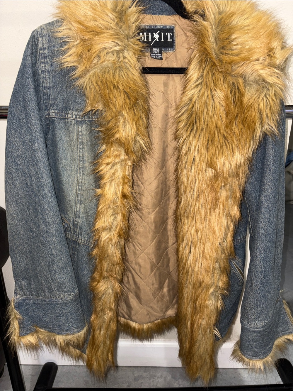 Mixit Blue Denim Jacket with Brown Faux Fur Trim